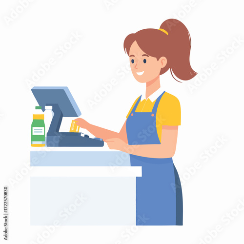 Smiling cashier processes a payment at a store checkout counter.
