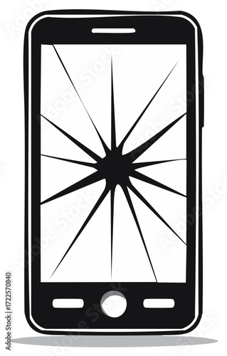 Smartphone with a starburst cracked screen simple black and white vector graphic