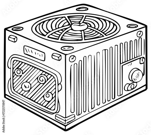 Line Art Illustration of a Computer Power Supply Unit with Cooling Fan for Desktop PC