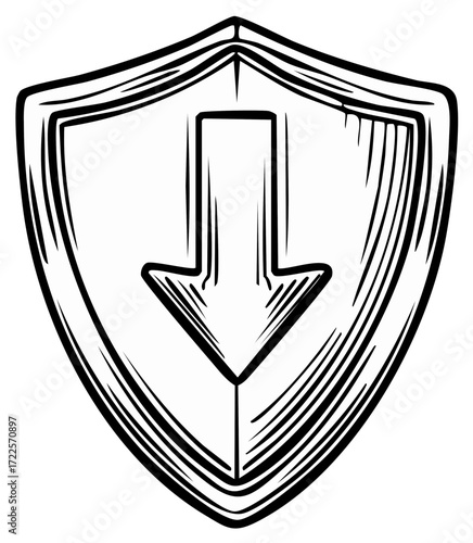 Line art shield with downward pointing arrow for security or protection concept illustration