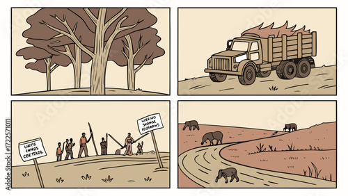 Deforestation Causes and Effects Vector Set with Logging, Fire, Barren Land, Animal Migration and Protest Scenes