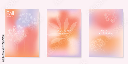 Abstract blur gradient autumn card background set. Minimalist poster with flower, leaves branch. Modern fall season wallpaper design for home decoration, website, banner, ads.