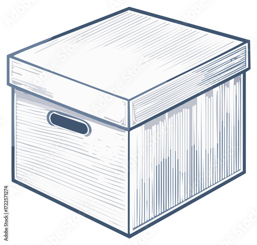 Illustration of closed cardboard storage box with lid and handle hole for moving or archiving