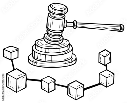 Digital Law and Justice Design Showing Blockchain Technology and Legal Authority on White Background