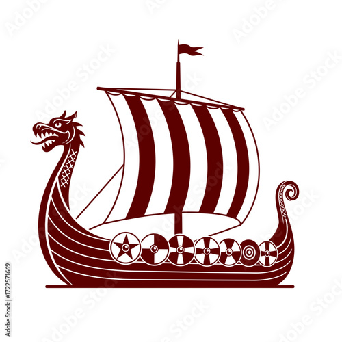 Detailed Illustration of a Viking Longship with Dragon Head and Shields