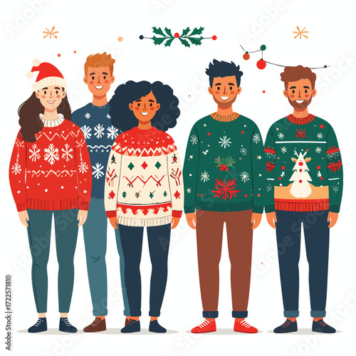 A group of diverse people wearing festive Christmas sweaters, smiling and celebrating together.