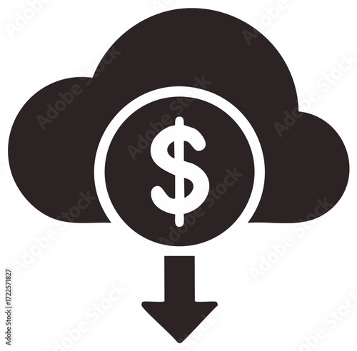 Cloud with dollar coin and downward arrow, signifying decrease in cloud computing costs.