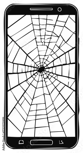 Broken Smartphone Screen Displaying a Cracked Spiderweb Surface