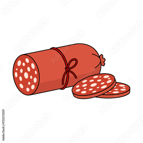 Cartoon Salami Log with Red Ribbon and Two Sliced Pieces