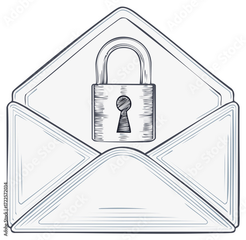 Secured Email Message Illustration: Open Envelope with Padlock Drawing