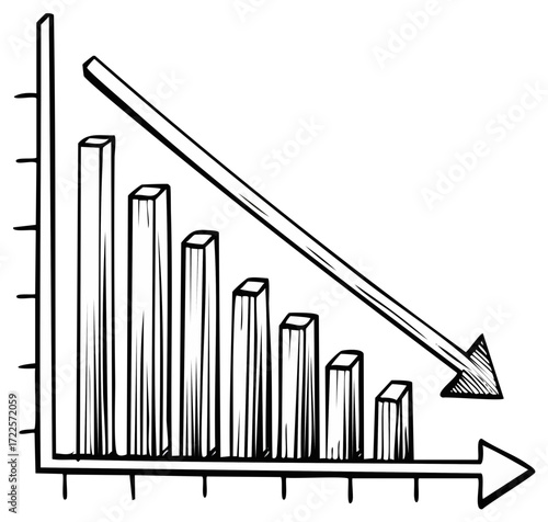 Graph illustrating financial decline with downward trending arrow and bar chart