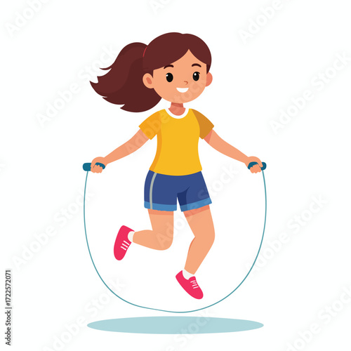 A cartoon girl with brown hair is jumping rope, wearing a yellow shirt, blue shorts, and pink shoes.