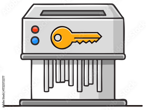 Cartoon shredder machine with key icon illustration, security and data protection concept.