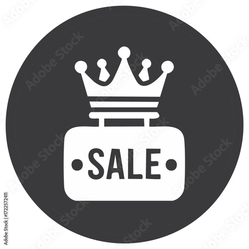 Stylish promotion icon for retail with crown and sale message in a modern black and white design