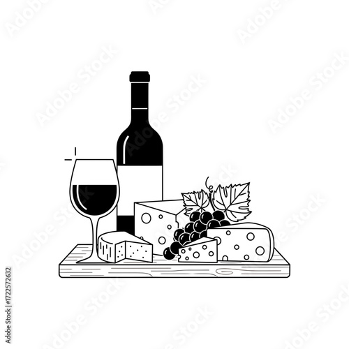 Wine and Cheese Pairing Arrangement on a Wooden Board