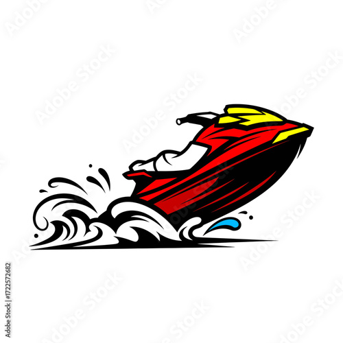 Dynamic Red and Yellow Jet Ski Leaping Through Stylized Black and White Waves