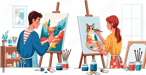Man and woman painting on canvas, art studio creativity, couple artists working together, colorful artwork, hobby activity, creative lifestyle inspiration