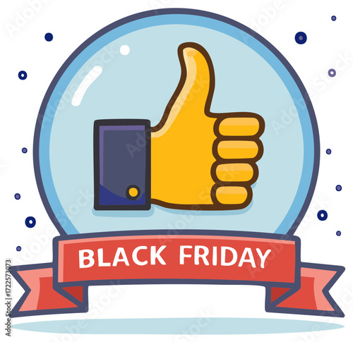 Illustration featuring a thumbs-up, hand gesture, and a Black Friday ribbon in vibrant color