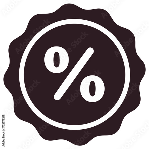 Dark circular badge with white percentage symbol representing discount and special offer