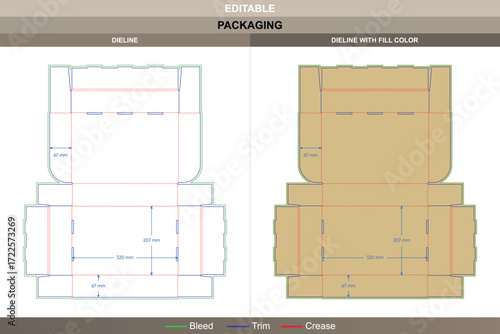 Folding paper packaging box dieline for retail and shipping, editable carton template with printable mockup structure, professional design branding, and accurate die line