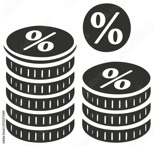 Monetary coin stacks featuring percent symbols for financial interest and sales offers