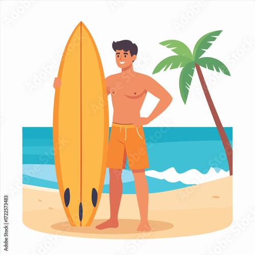 Happy surfer man on beach, holding surfboard, near palm tree, ocean view.