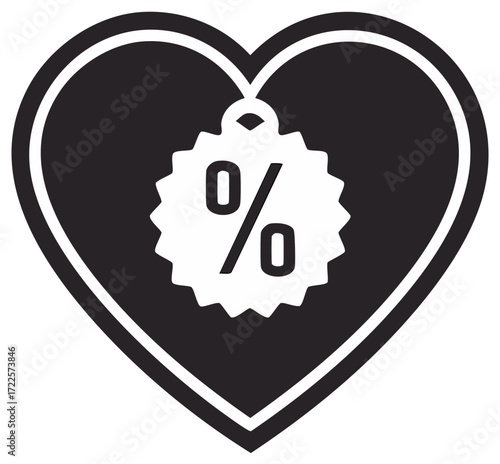 Love Discounts Black Heart with Discount Tag Featuring a Percentage Sign for Sales Promotion