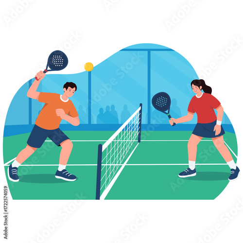 Two people playing padel on a court