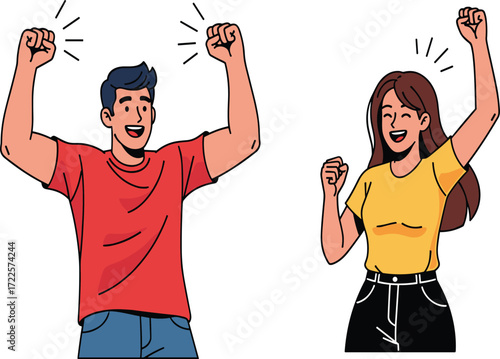 Happy young man and woman cheering, celebrating success, raising arms with joy, excited couple smiling, expressing victory celebration together outdoors