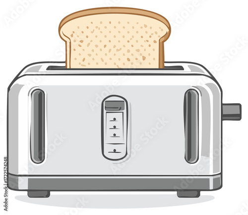 Toaster with slice of bread cartoon illustration Preparing breakfast at home Appliance for cooking toasts Baked bread