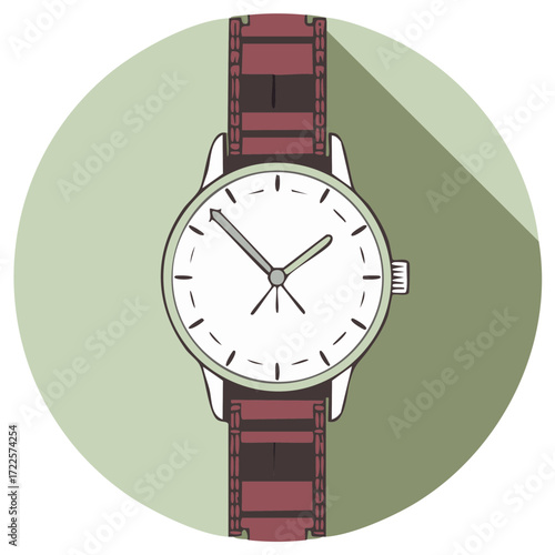 Watch illustration in green circle with shadow and dark red strap, isolated style.