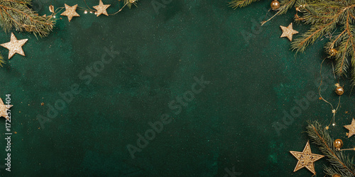 A textured christmas background with a dark green background and decorations for the holidays, with space for text. Festive dark background for Christmas, horizontal banner, copy space