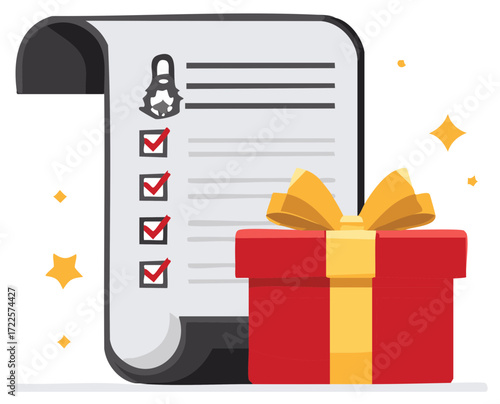 Wish list or goal achievement checklist with red checkmarks and a festive gift box