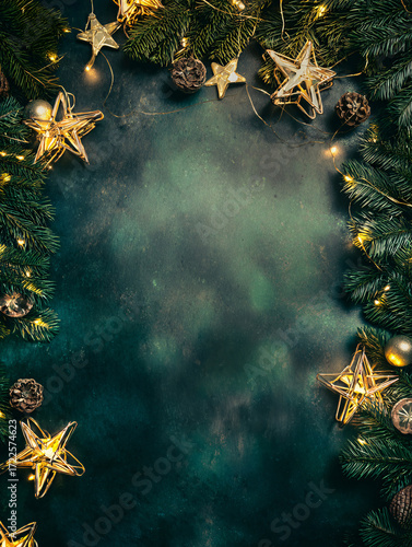 A textured christmas background with a dark green background and decorations for the holidays, with space for text. Festive dark background for Christmas, vertical banner, copy space