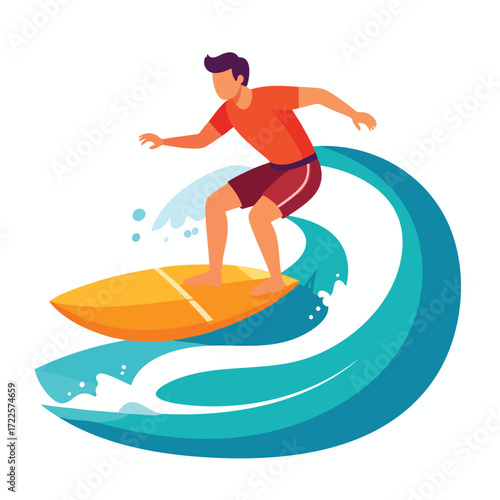 A vibrant illustration depicts a surfer riding a large, curling ocean wave.