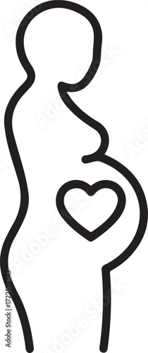 Minimalist line art icon of pregnant woman with heart symbol representing love and motherhood, ideal for baby shower invites and pregnancy announcements