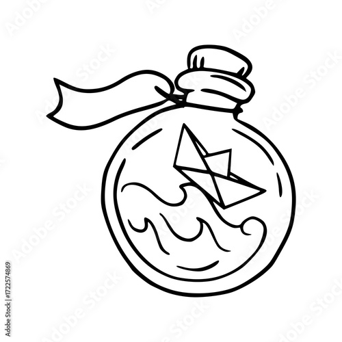 paper boat in a bottle message doodle illustration