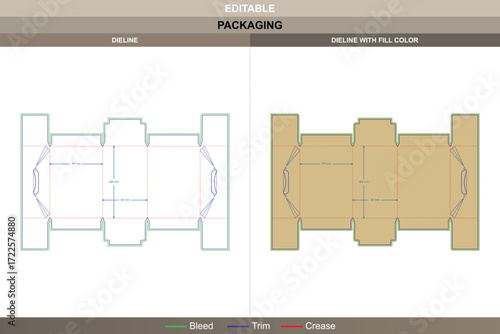 Folio handle carton dieline for beverage packaging, editable folding carton template with printable mockup layout, branding options, and precise cut design die line