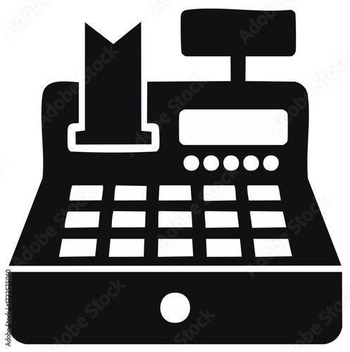Monochrome vector illustration of an old-fashioned cash register with a receipt for commercial or business design purposes