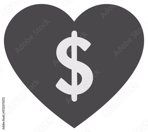 Dollar sign inside a heart shape illustrating value for money or financial love concept