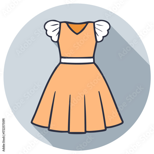 Peach dress with puffy sleeves and white belt flat icon illustration