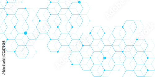 Molecular structure abstract tech background. Geometric blue background. Vector banner design with hexagons. Science network pattern, connecting lines and dots Medical background, Vector illustration.