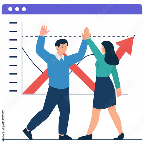 Two people highfive in front of a graph