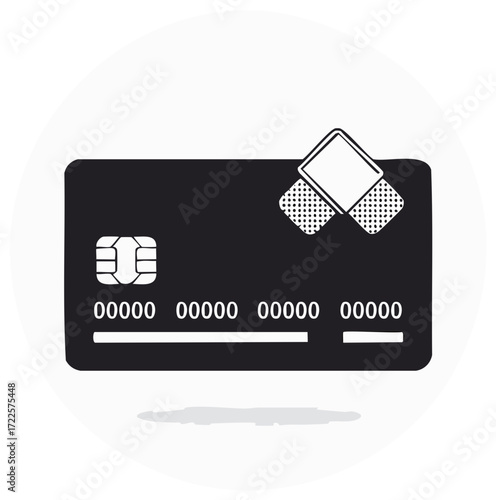 Credit card with adhesive bandage on black background symbolizing financial insecurity, debt, or fraud protection