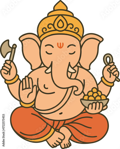 Ganesha Cartoon Illustration With Axe, Spoon, And Bowl Of Laddus In Meditative Pose
