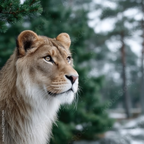 Close Up Portrait of Majestic Lion with Winter Snowfall in Soft Light