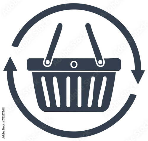 Shopping basket with arrow loop. Symbolizes online purchase return or cycle.