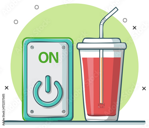 Power on refreshing beverage with a cool drink and power button illustration