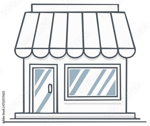 Simple sketch of a small store with awning, door, and display window, isolated.