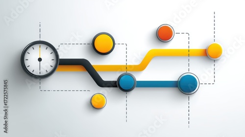 Time management visualization, clock surrounded by symbolic circles representing tasks or deadlines
